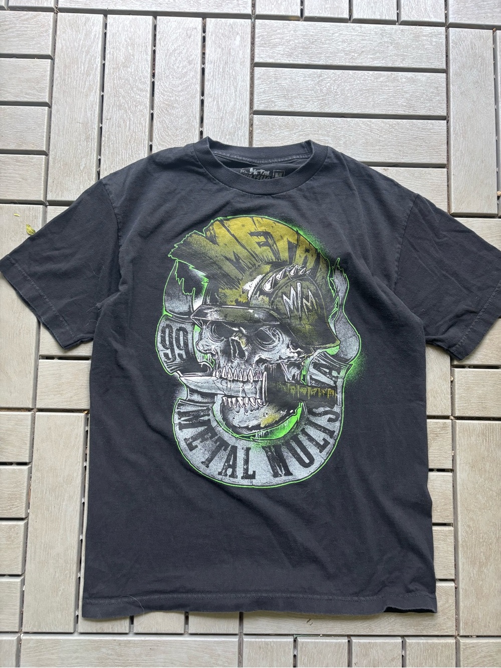Metal Mulisha Black Short-Sleeve Tee with Neon Green and Yellow Skull Graphic